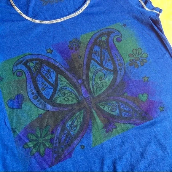 Butterfly Graphic Short Sleeve Tee, Royal Blue, Green, Black, Size XS - Picture 6 of 15